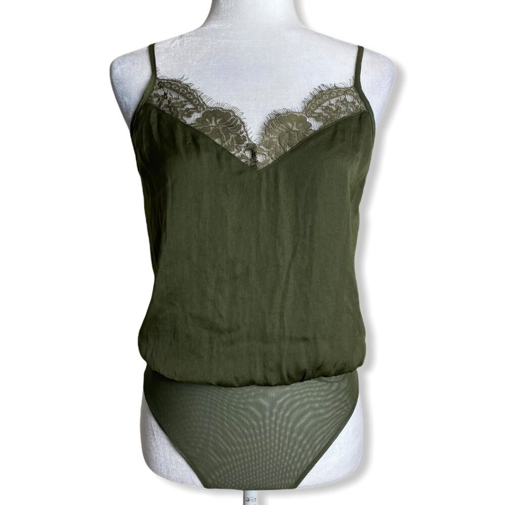 Socialite NEW Lace Trim Satin Bodysuit in Olive Green Women's Size S NWT
